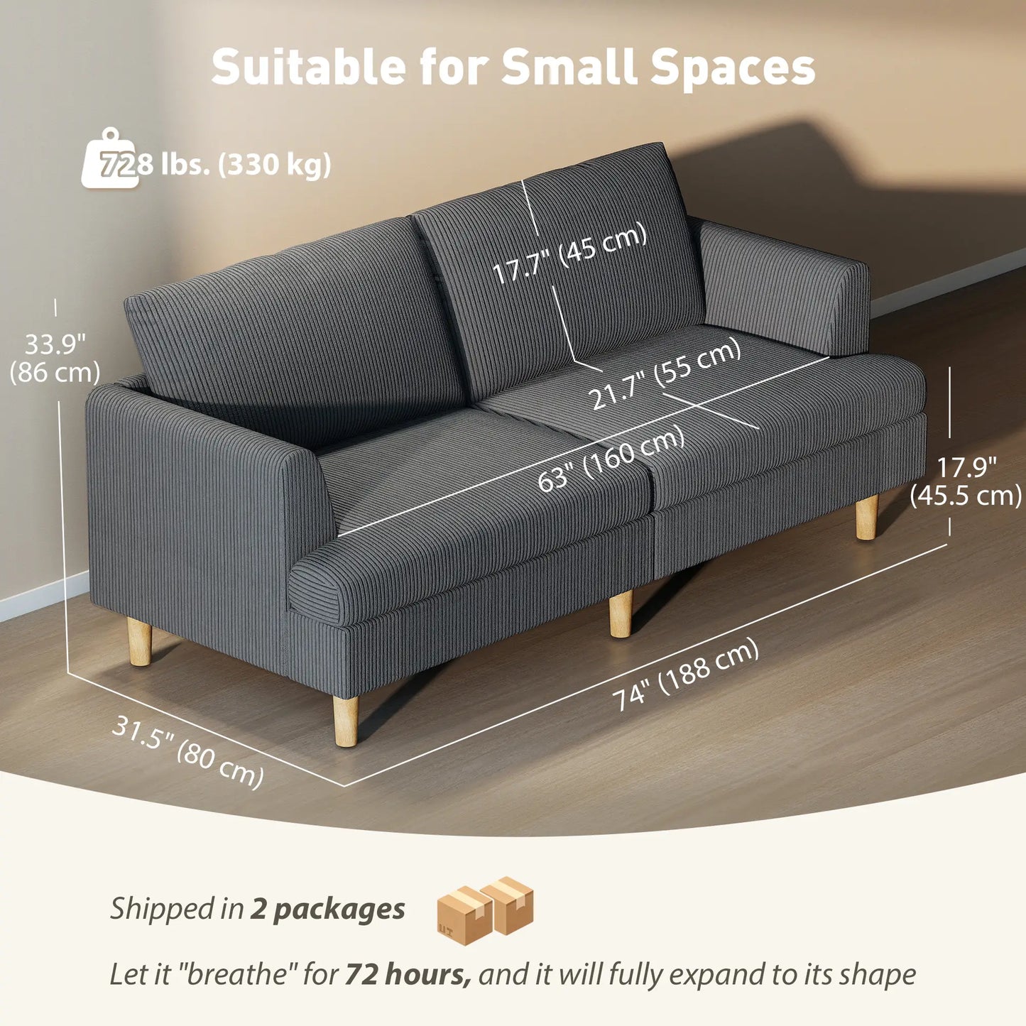 Canapé 3 places, 74" Canapé en velours côtelé, Pieds en bois massif, Gris foncé