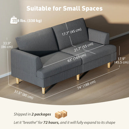 Canapé 3 places, 74" Canapé en velours côtelé, Pieds en bois massif, Gris foncé