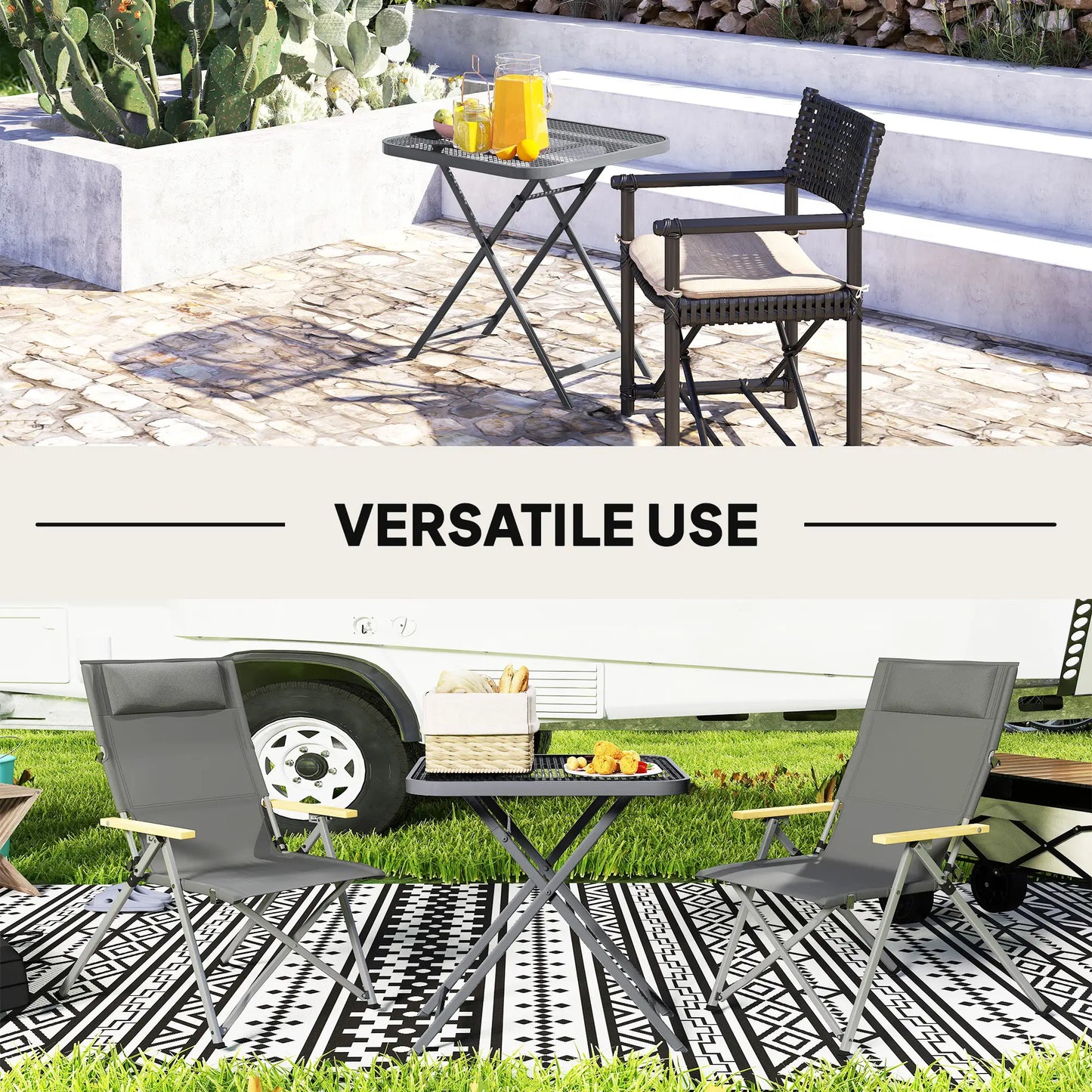 27.5" Square Outdoor Folding Table, Grid Rattan-Like Top, Light Grey Patio Dinning Tables at Gallery Canada