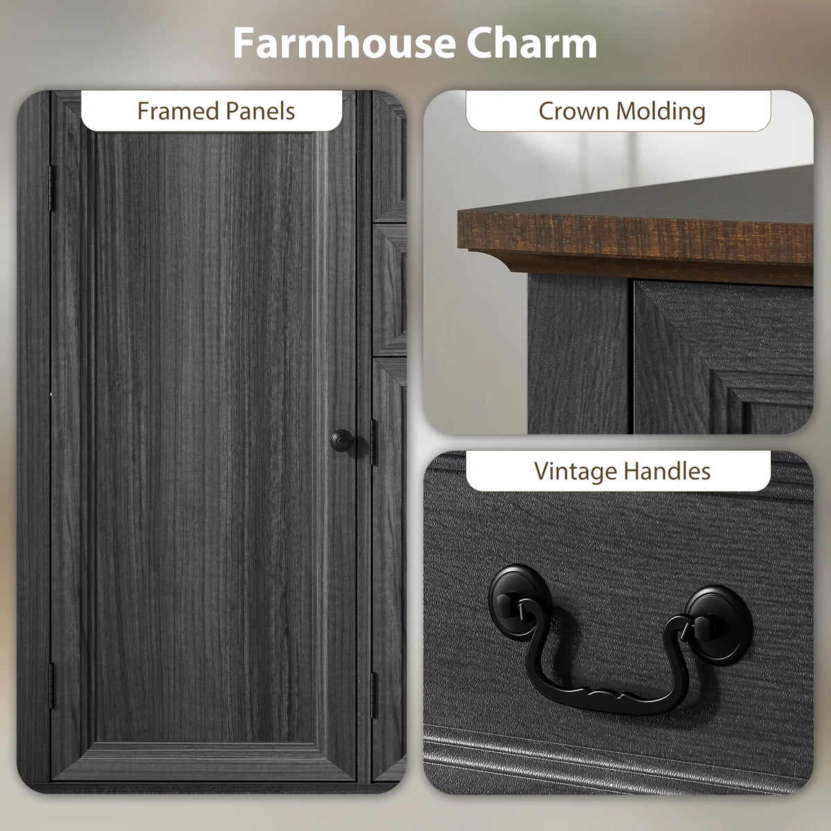 Farmhouse Sideboard with Charging Station, 58 Inch Buffet Cabinet, 2 Soft Close Drawers, Black Storage Cabinets at Gallery Canada