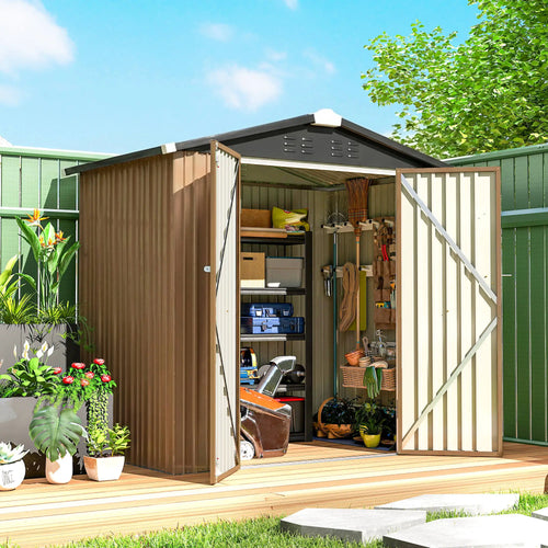6.5' x 4' Metal Outdoor Storage Shed, Lockable Double Doors, 4 Vents, Brown