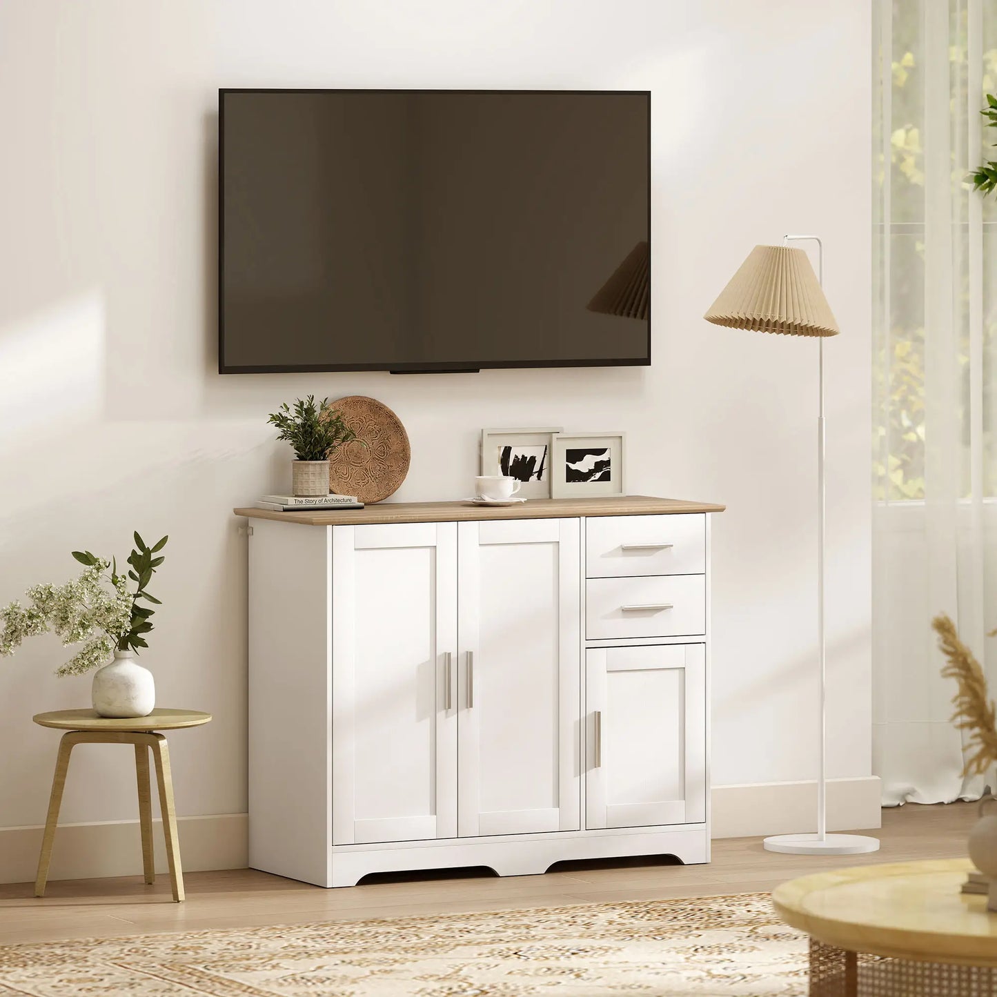 40" Sideboard Buffet Cabinet, Modern Kitchen Storage Cabinet with 2 Drawers, 3 Doors &; Adjustable Shelf, White Storage Cabinets at Gallery Canada