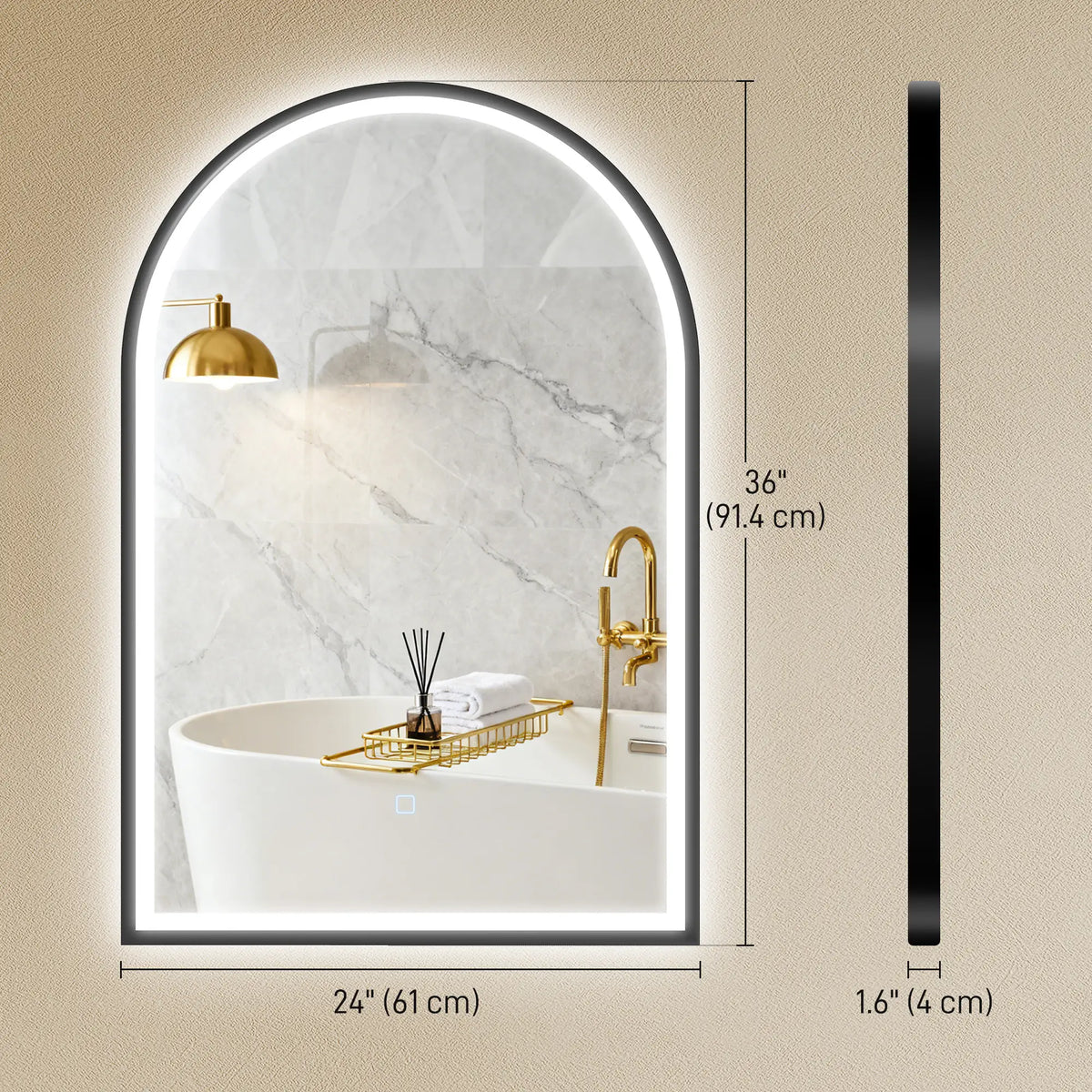 24" x 36" LED Bathroom Mirror, Arched Tempered Glass, Anti-Fog, Dimmable, Black