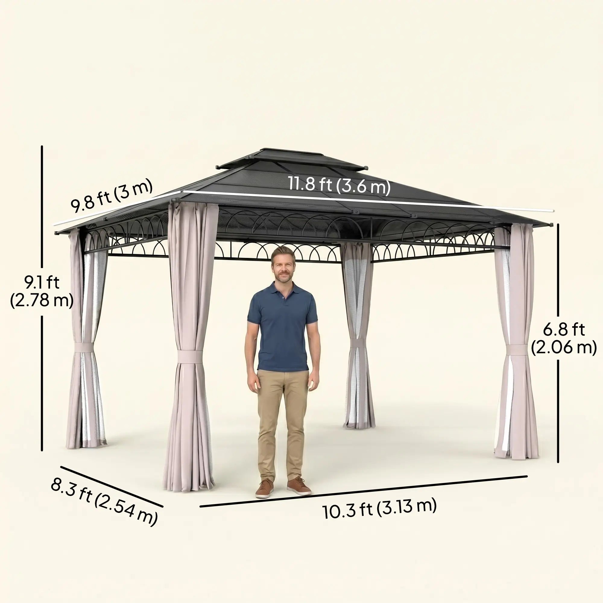 10' x 12' Hardtop Gazebo, Polycarbonate Roof with Netting & Curtains, Khaki Gazebos at Gallery Canada