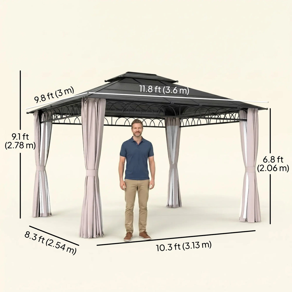 10' x 12' Hardtop Gazebo, Polycarbonate Roof with Netting & Curtains, Khaki Gazebos at Gallery Canada