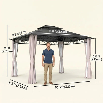 10' x 12' Hardtop Gazebo, Polycarbonate Roof with Netting & Curtains, Khaki Gazebos at Gallery Canada
