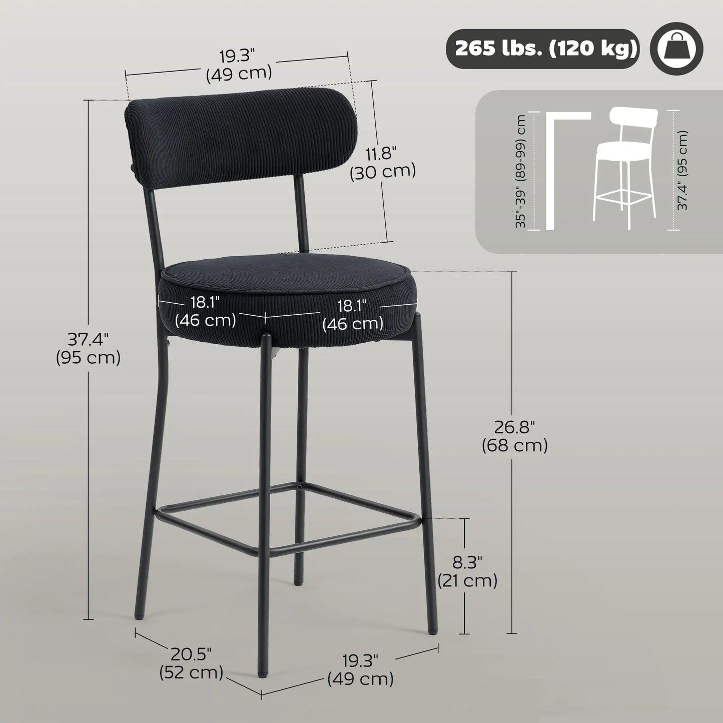 Set of 2 Barstools, Upholstered Corduroy, Backrest, Footrest, Black Bar Stools at Gallery Canada