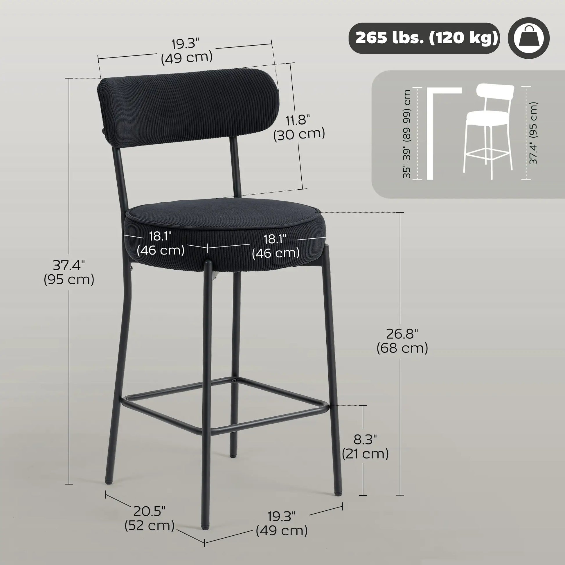 Set of 2 Barstools, Upholstered Corduroy, Backrest, Footrest, Black Bar Stools at Gallery Canada