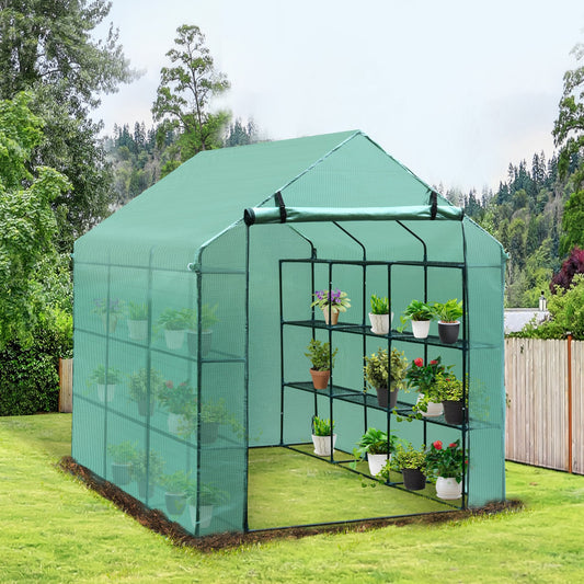 Walk-in Greenhouse Plant Garden Hot House with 3 Tiers 18 Shelves, Roll-Up Zipper Door, Growing Shelter for Flowers, 8' x 6' x 7', Green - Gallery Canada