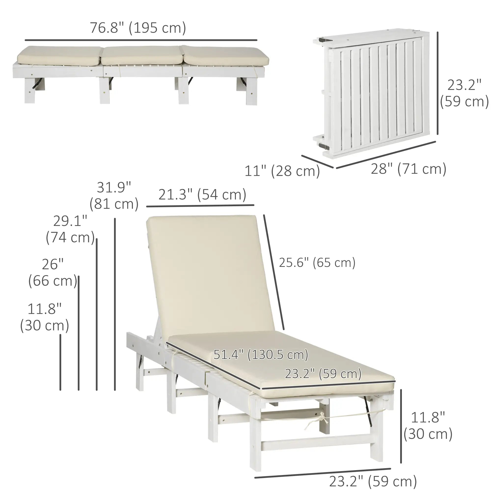 Wooden Folding Chaise Lounge, Outdoor Chair, Adjustable Back, White Chaise Loungers at Gallery Canada
