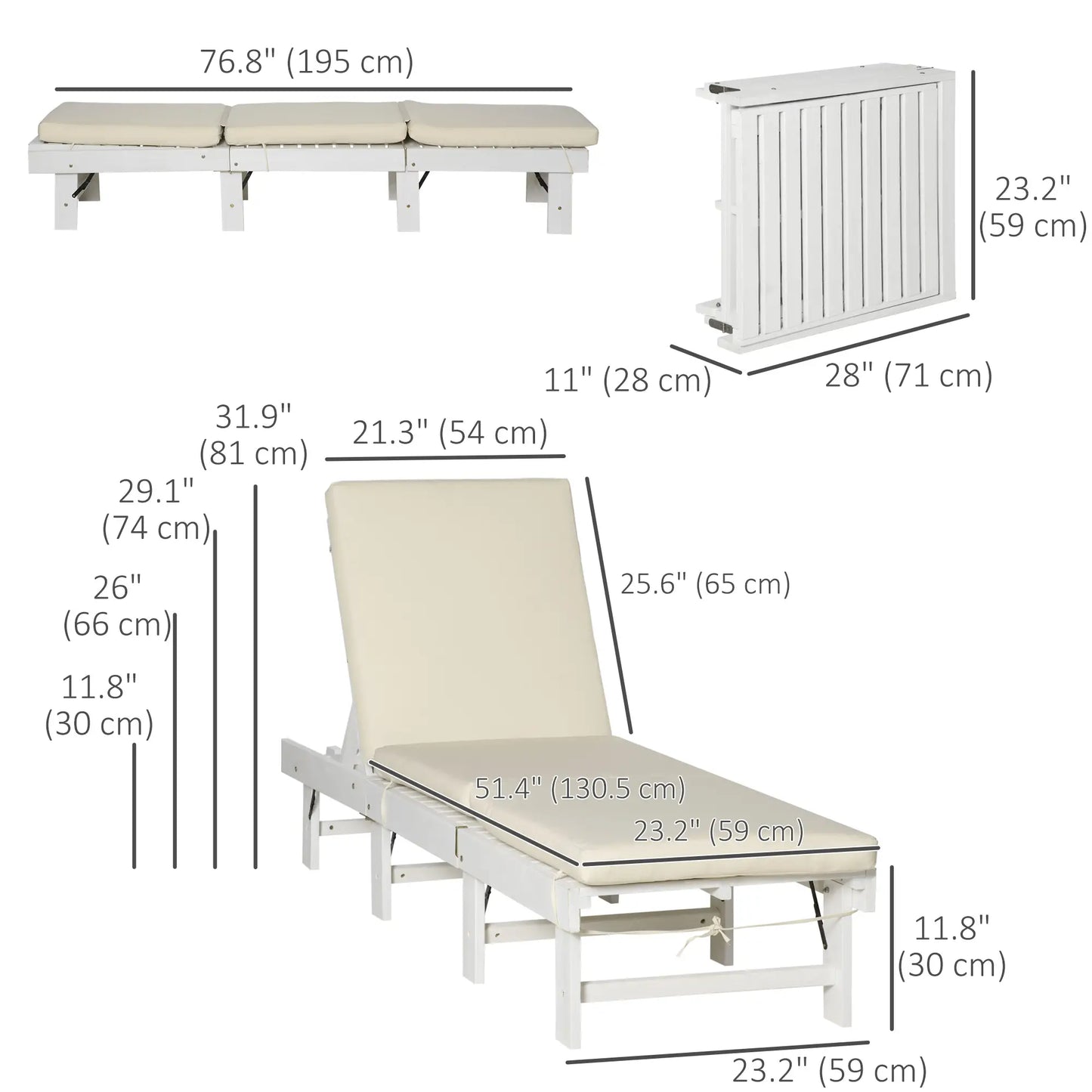 Wooden Folding Chaise Lounge, Outdoor Chair, Adjustable Back, White Chaise Loungers at Gallery Canada