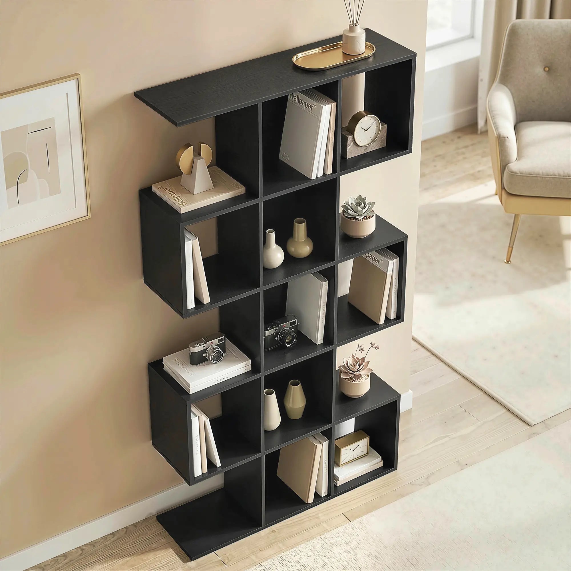 5-Tier S-Shaped Bookshelf, 15 Compartment Geometric Bookcase, Black Wood Grain, Black Display Bookshelves at Gallery Canada