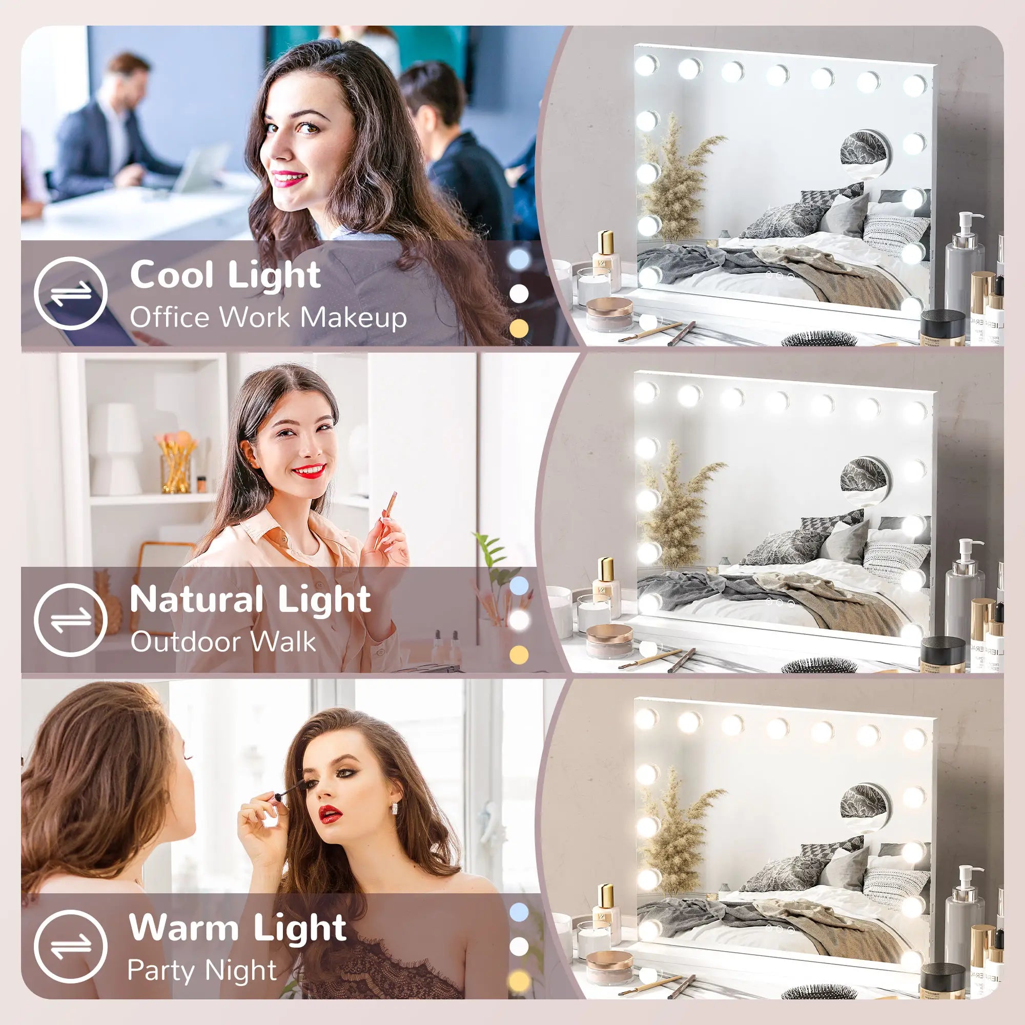 Hollywood Makeup Mirror With Lights, 3 Lighting Modes, USB Charging, White Dressing & Vanity Tables at Gallery Canada