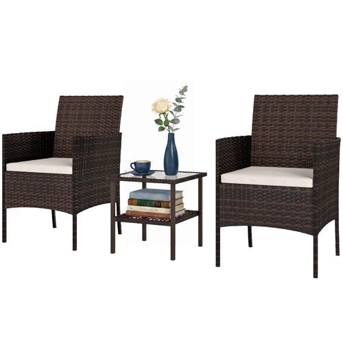 3-Piece Wicker Bistro Set, 2-Tier Glass Top Table, Beige