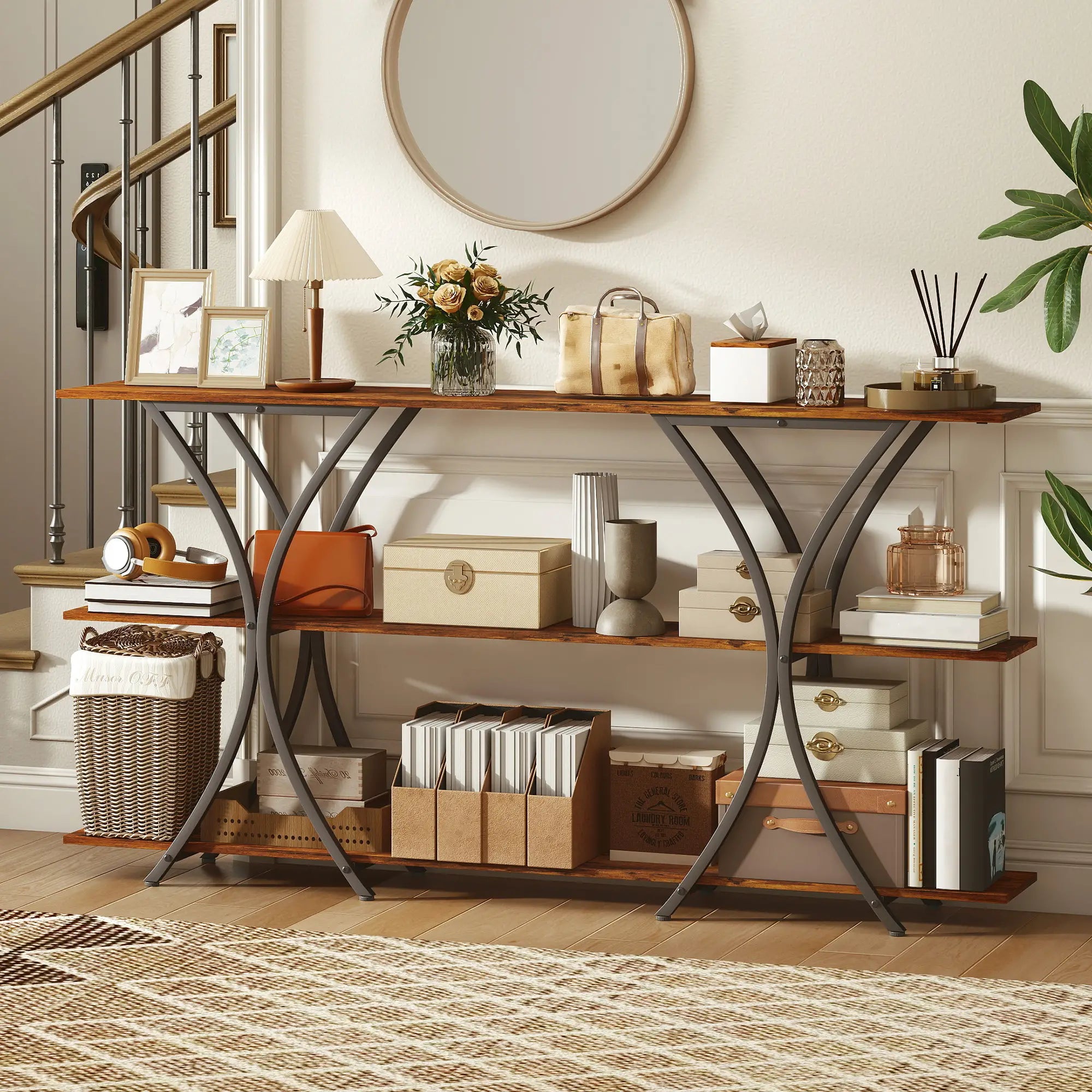 71 Inch Console Table, 3-Tier Industrial with 2 Shelves, Rustic Brown Console Tables at Gallery Canada