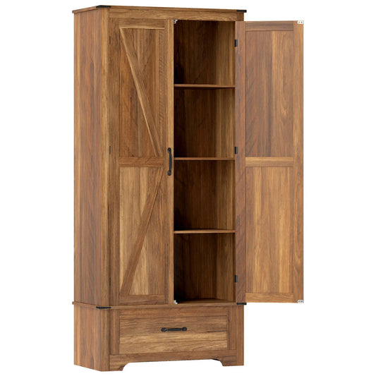 72" Farmhouse Pantry Cabinet, Adjustable Shelves, 2 Doors, Brown Kitchen Pantry Cabinets Brown at Gallery Canada