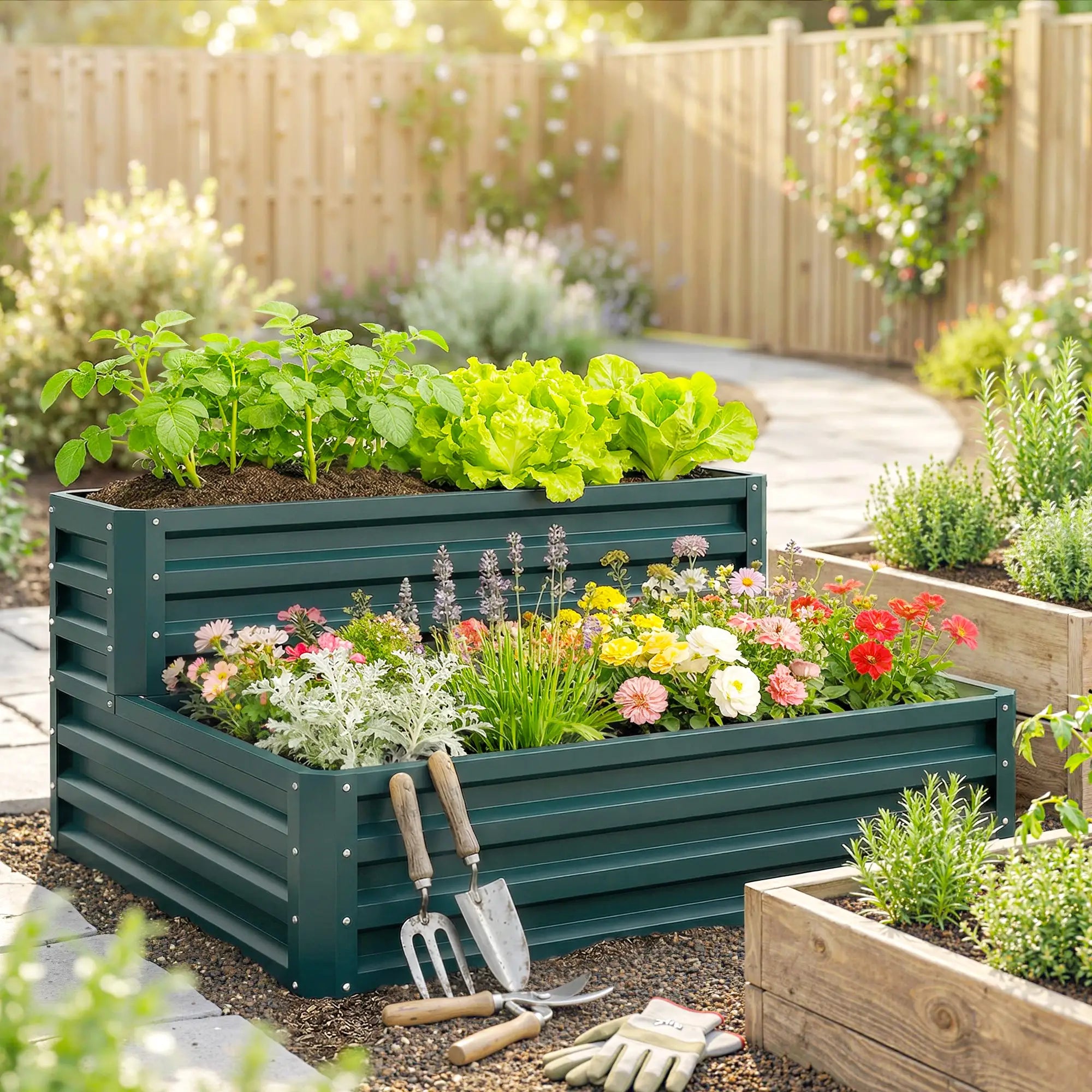 2 Tier Galvanized Raised Garden Bed, Steel Planter Box, 47
