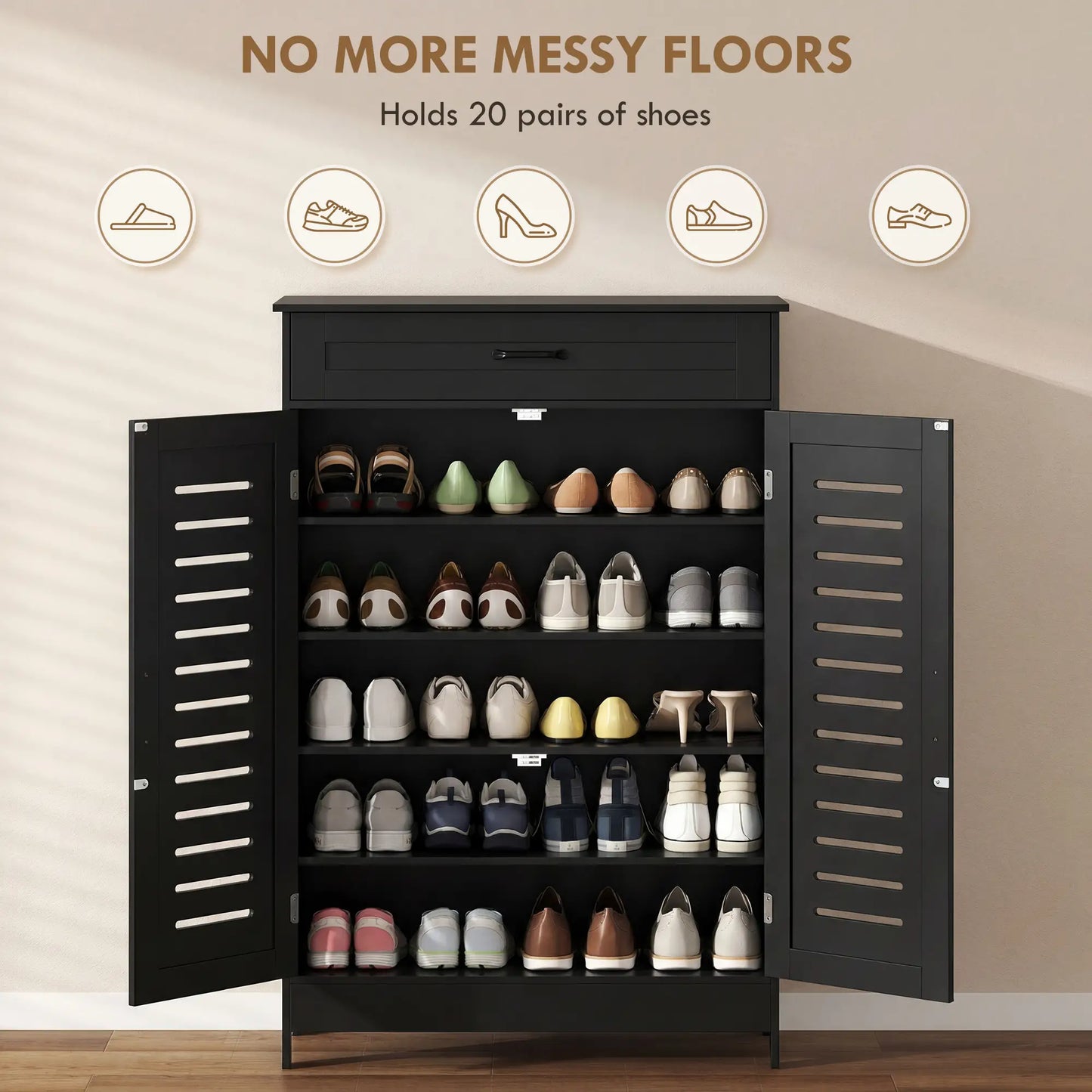 Shoe Cabinet With Louvered Doors, Drawer, Adjustable Shelves, Black Shoe Storage Cabinets & Racks at Gallery Canada