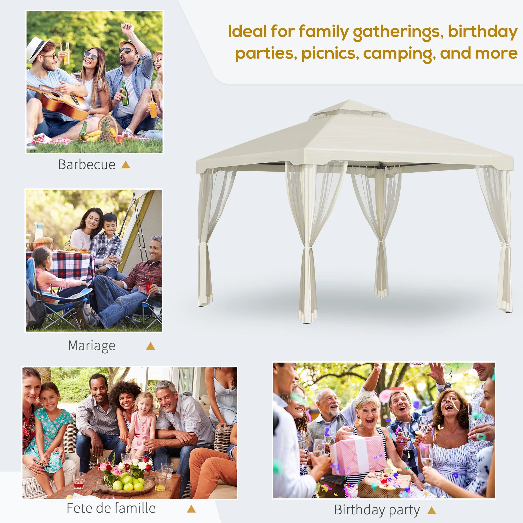 10' x 10' Patio Gazebo, Steel Frame, Mosquito Netting, Cream White Gazebos at Gallery Canada