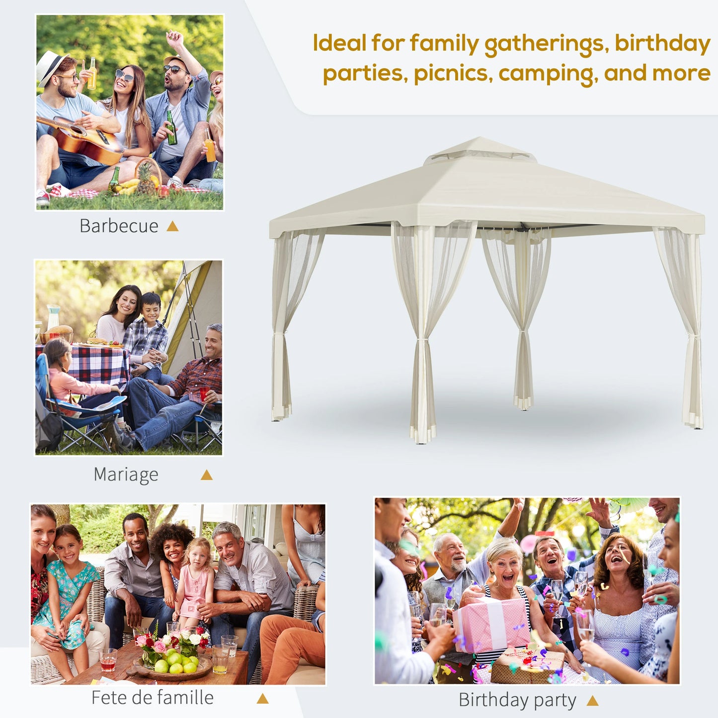 10' x 10' Patio Gazebo, Steel Frame, Mosquito Netting, Cream White Gazebos at Gallery Canada