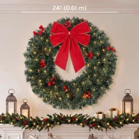 Couronne de Noël artificielle de 24 pouces, 50 lumières LED, nœud, vert