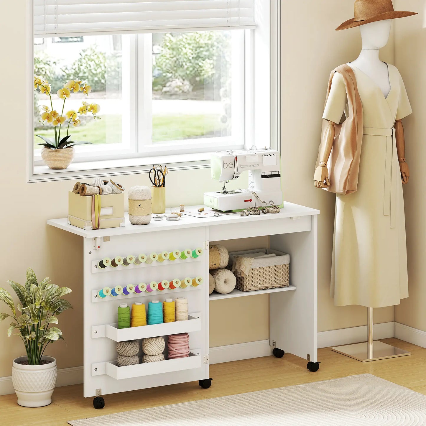 Sewing Machine Table on Wheels, Folding Craft Table with Storage, White Storage Cabinets at Gallery Canada