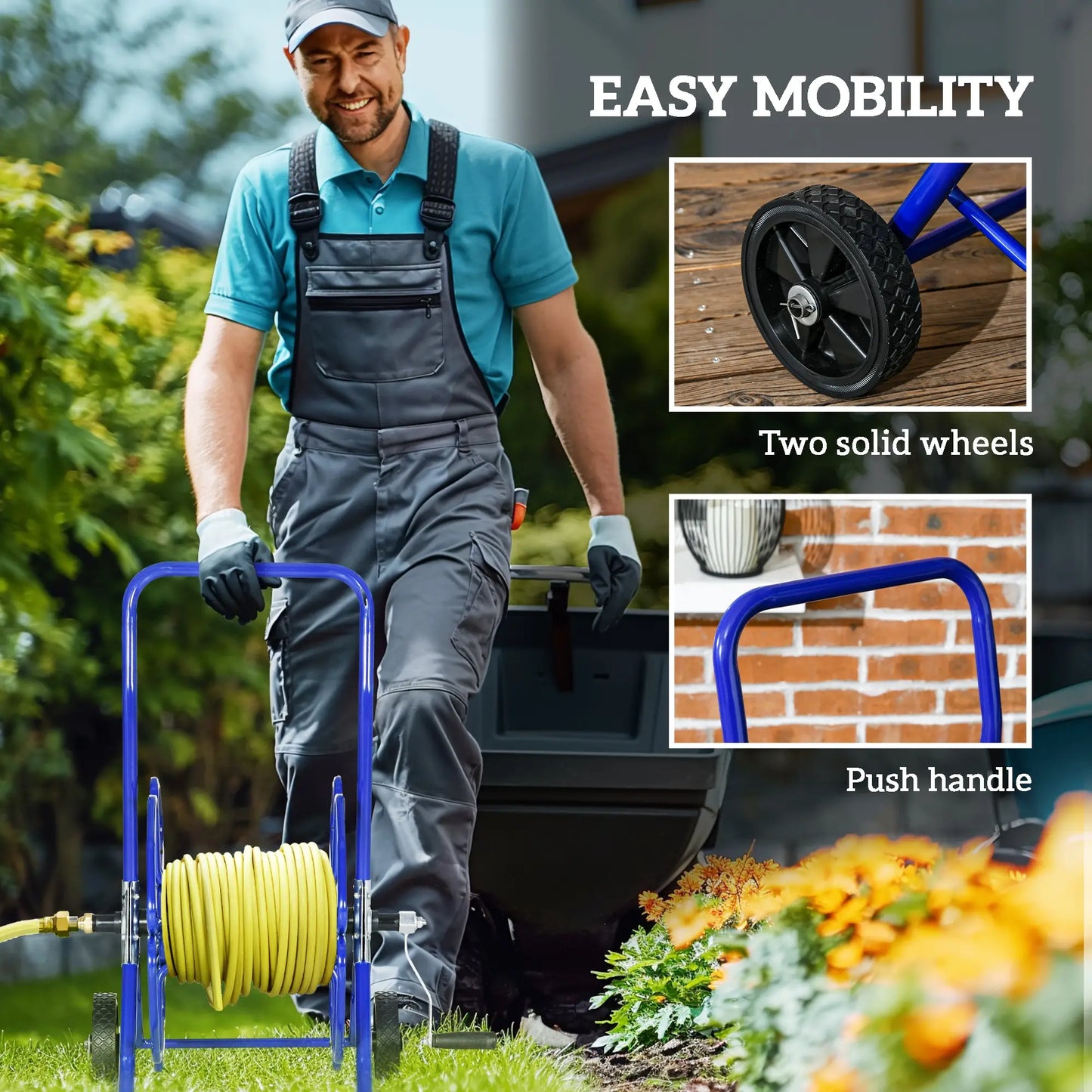 98 ft 5/8" Hose Reel Cart, Garden Water Hose Carts with Wheels, Blue Garden Accessories at Gallery Canada