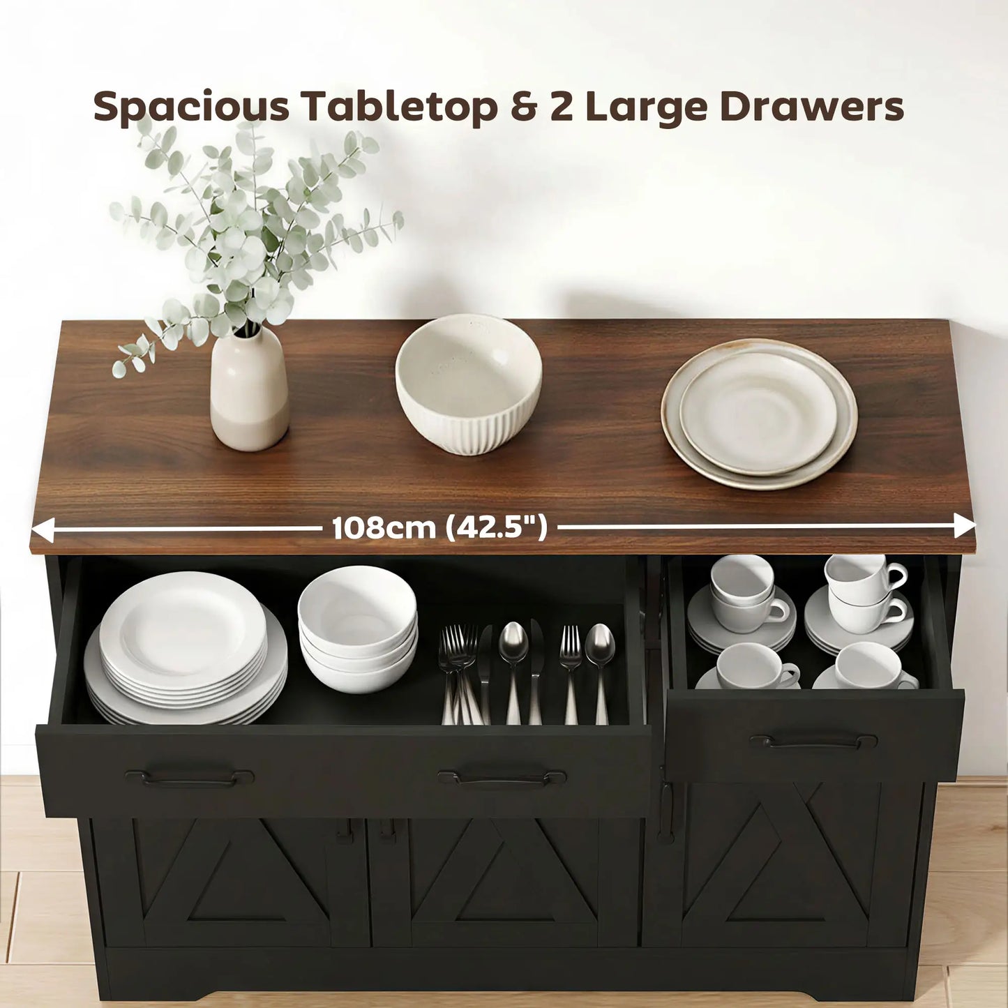43" Sideboard Buffet Cabinet, 3 Barn Doors, 2 Drawers, Black Bar Cabinets at Gallery Canada