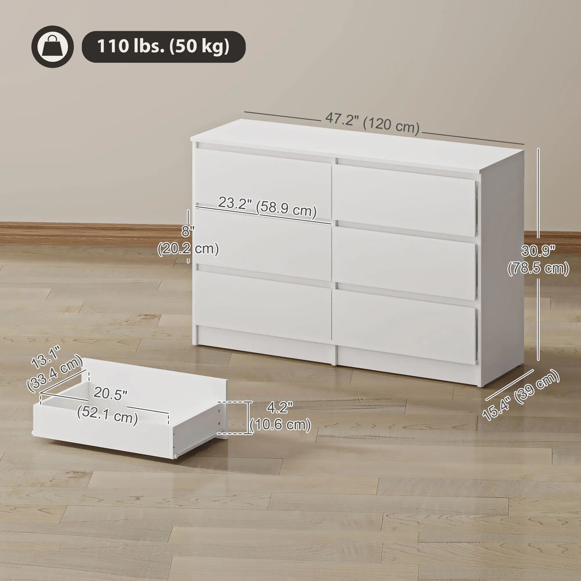 Wide 6 Drawer Dresser, Modern Clothes Storage Organizer, White Storage Cabinets at Gallery Canada