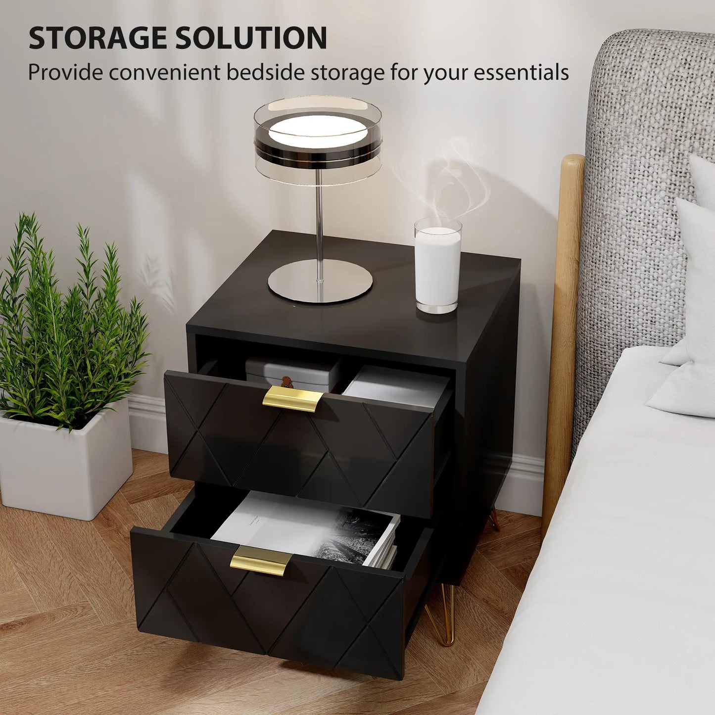 Modern Bedside Table, 2 Drawer Nightstand, Black Bedside Tables at Gallery Canada