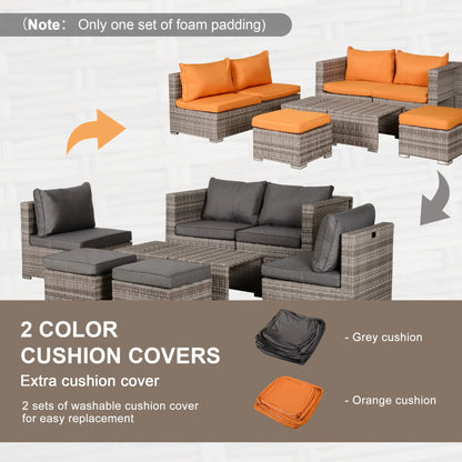8-Piece Patio Furniture Set, Outdoor Wicker Rattan Sofa, Tea Table, Footstool, Grey & Orange Patio Furniture Sets at Gallery Canada