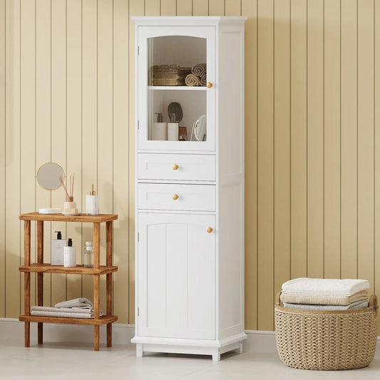 Bathroom Storage Cabinet, Glass Doors, Adjustable Shelves, 18" L x 14" W x 63" H, White Bathroom Cabinets White at Gallery Canada