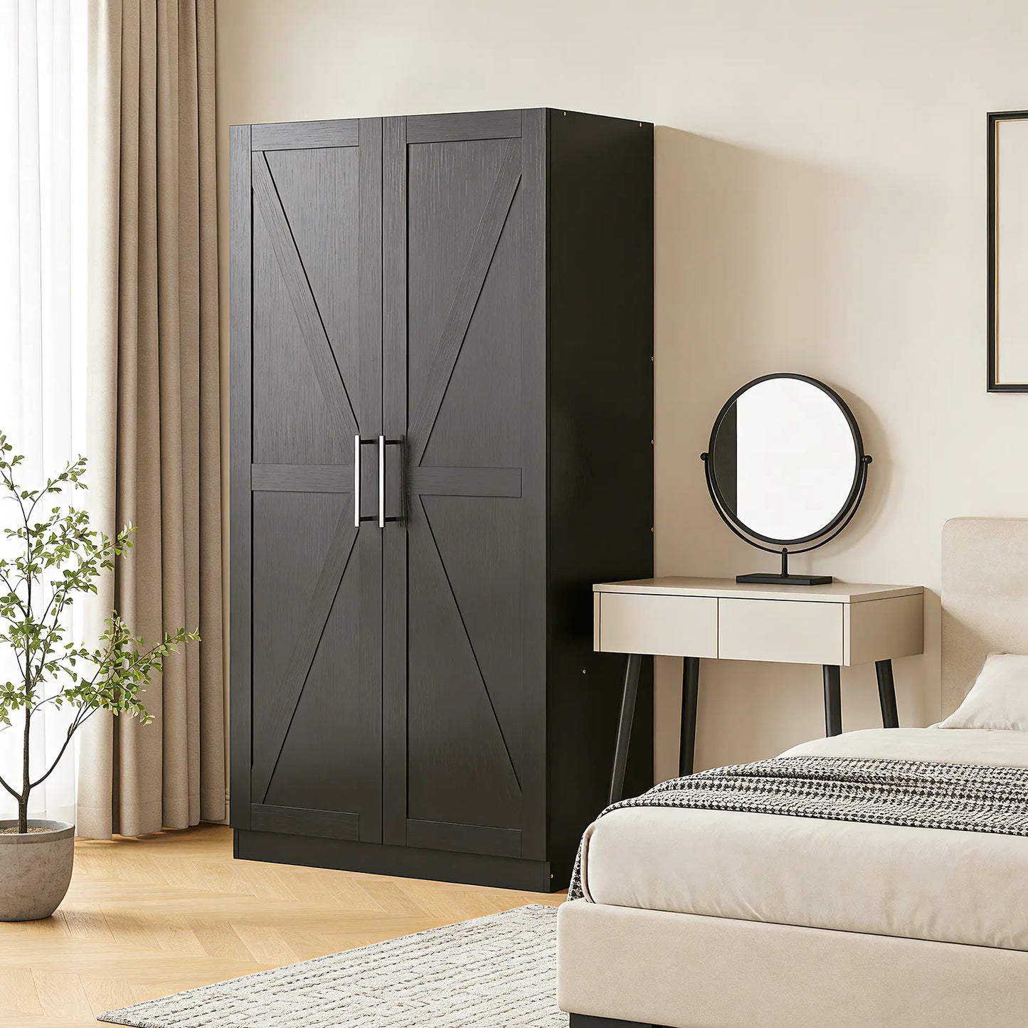 Barn Door Wardrobe Cabinet, 2 Doors With Hanging Rod, Wood Effect, Black