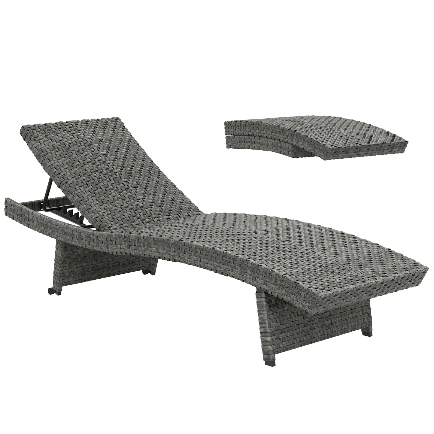 Folding Wicker Outdoor Chaise Lounge, 4-Level Adjustable Backrest, Grey Wicker Chaise Loungers at Gallery Canada