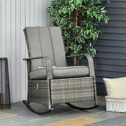 Outdoor Wicker Rocking Chair with Cushion, Adjustable Footrest, Grey Outdoor Rocking Chairs at Gallery Canada