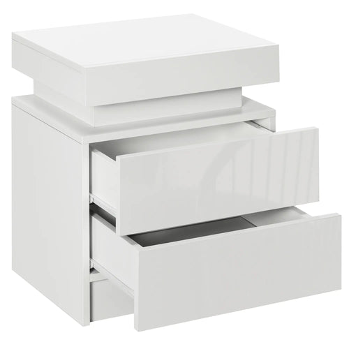 Nightstand with LED Lights, 2 Drawers, White