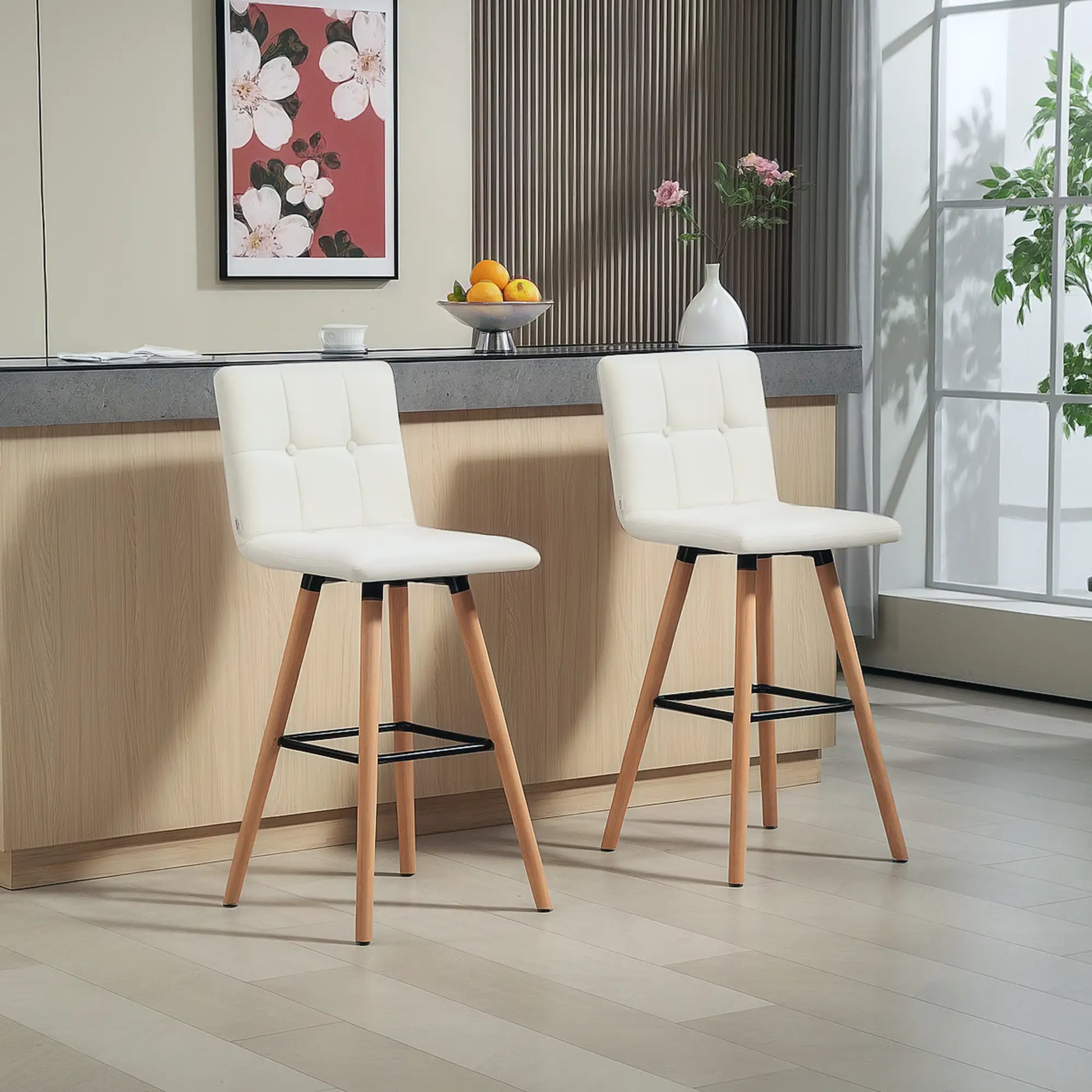 Modern Bar Stools Set of 2, 38" Upholstered, Solid Wood Legs, White Bar Stools at Gallery Canada