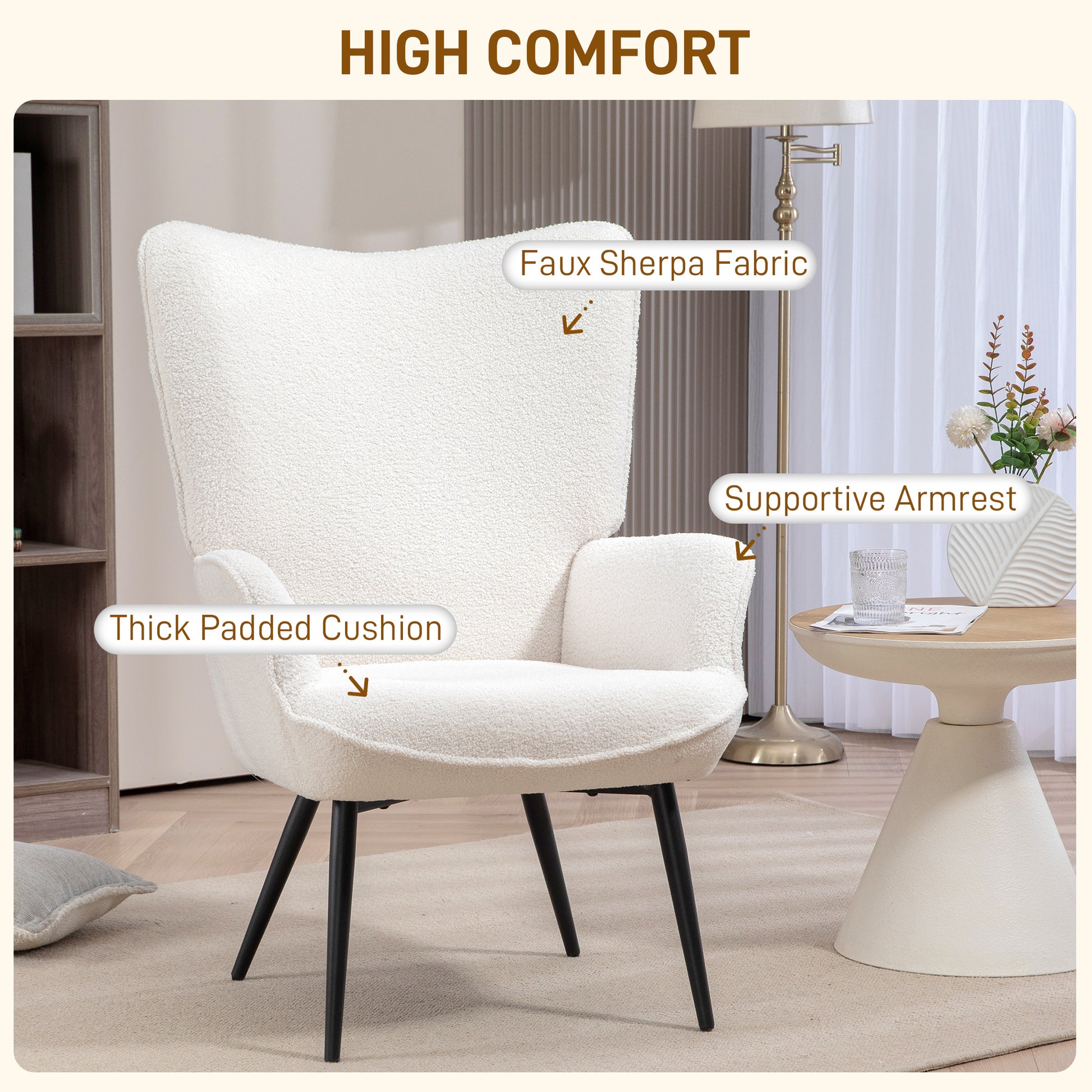 Accent Sherpa Chair, Upholstered Armchair, Fluffy Wingback Chair for Living Room, Reading Room, Cream White at Gallery Canada