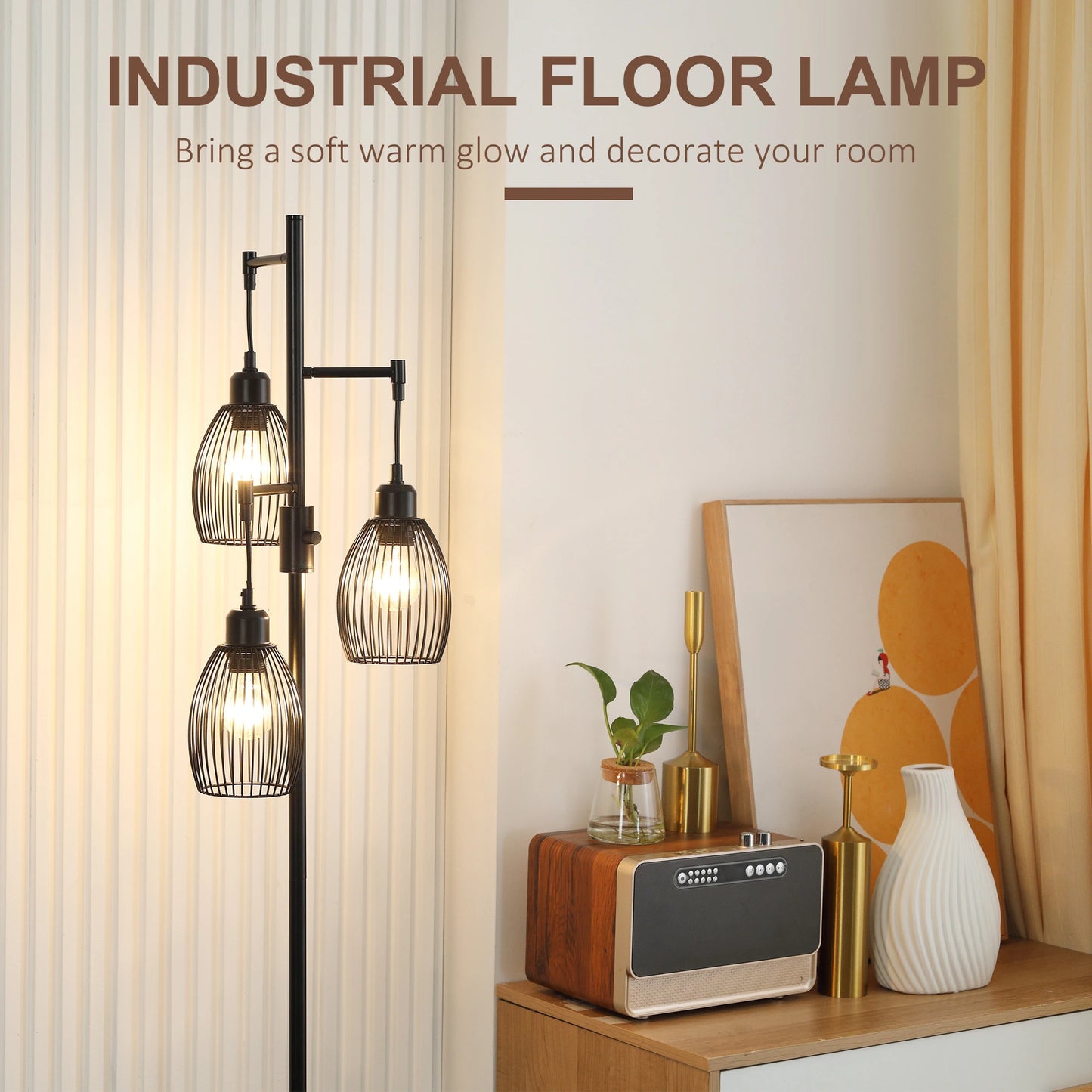 Industrial Floor Lamp, 3 Hanging Wire Lampshades, Dimmable, Black Floor Lamps & Ceiling Fan Lights at Gallery Canada