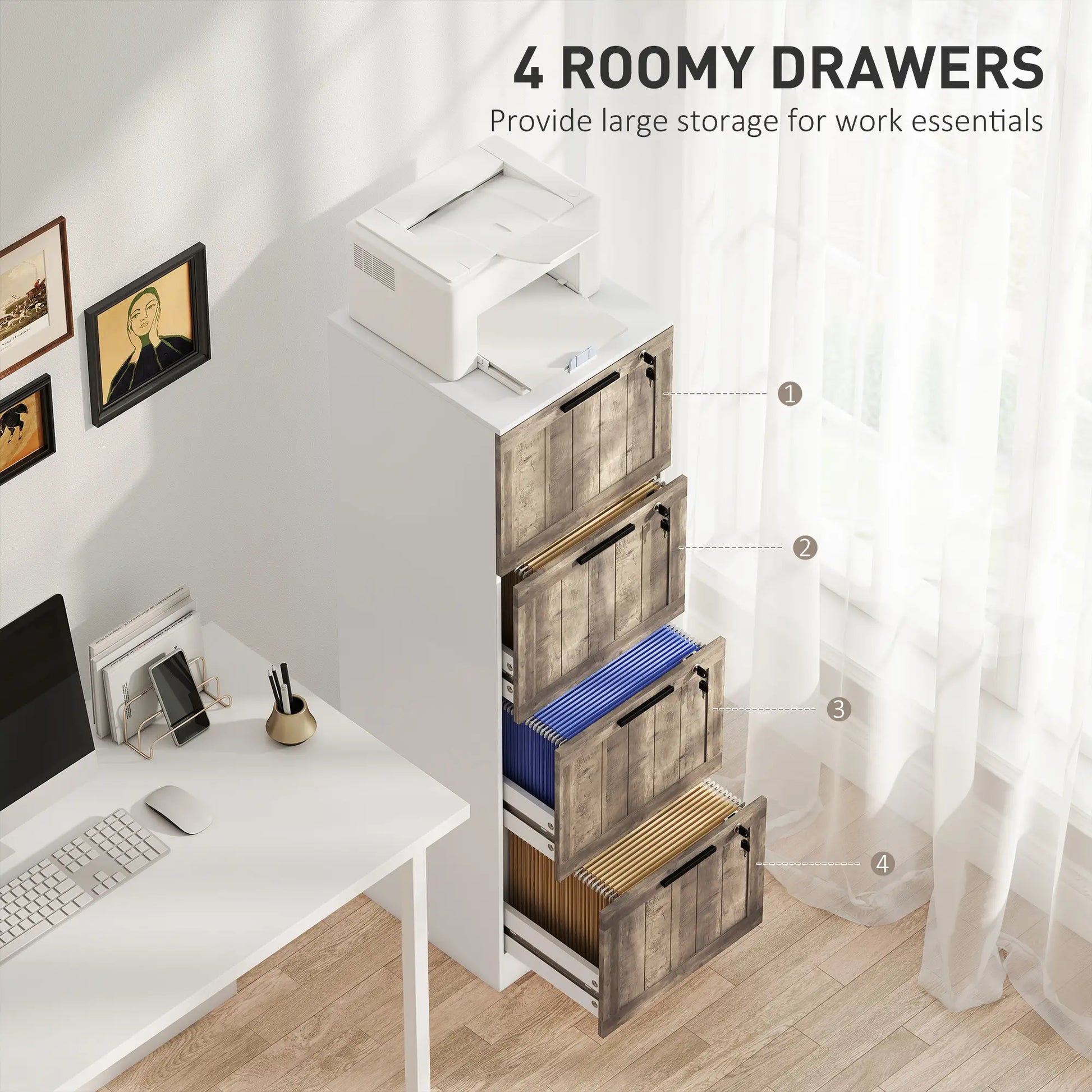 4 Drawer Filing Cabinet, Farmhouse Style, Adjustable Hanging Rails, White Office Cabinets & Cupboards at Gallery Canada