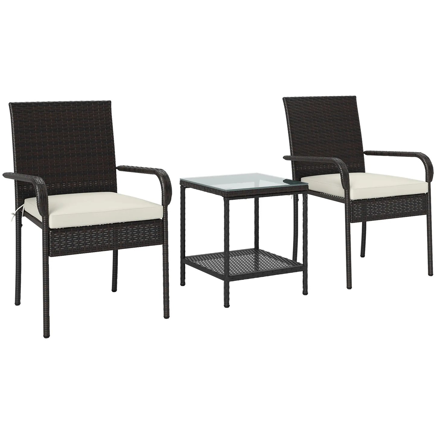 3 Piece Wicker Patio Set, Stackable Chairs, Washable Cushion, Tempered Glass Top, Brown Bistro Sets Brown, Cream White, Black at Gallery Canada