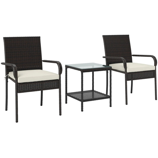 3 Piece Wicker Patio Set, Stackable Chairs, Washable Cushion, Tempered Glass Top, Brown Bistro Sets Brown, Cream White, Black at Gallery Canada