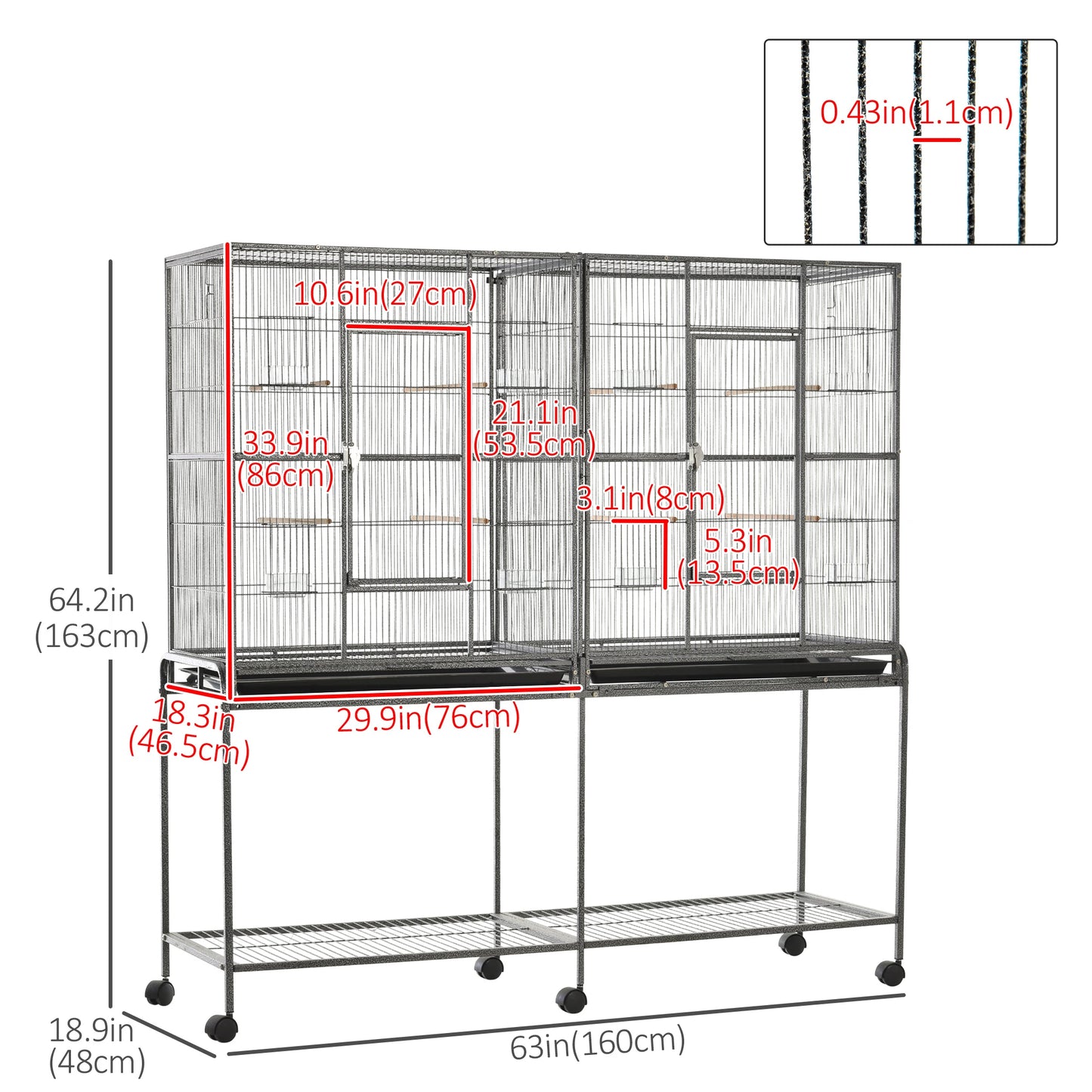 64" Extra Large Bird Cage, Rolling Metal Parrot Cage, 62.8" x 18.9" x 64.2" Bird Cages at Gallery Canada