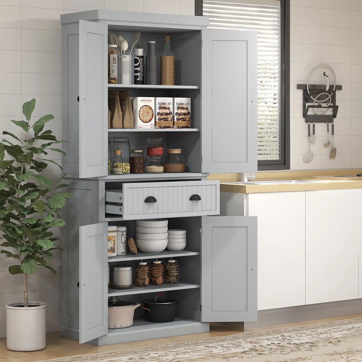 72" Kitchen Pantry, Freestanding Cabinet with Drawer, Doors, Grey Kitchen Pantry Cabinets at Gallery Canada