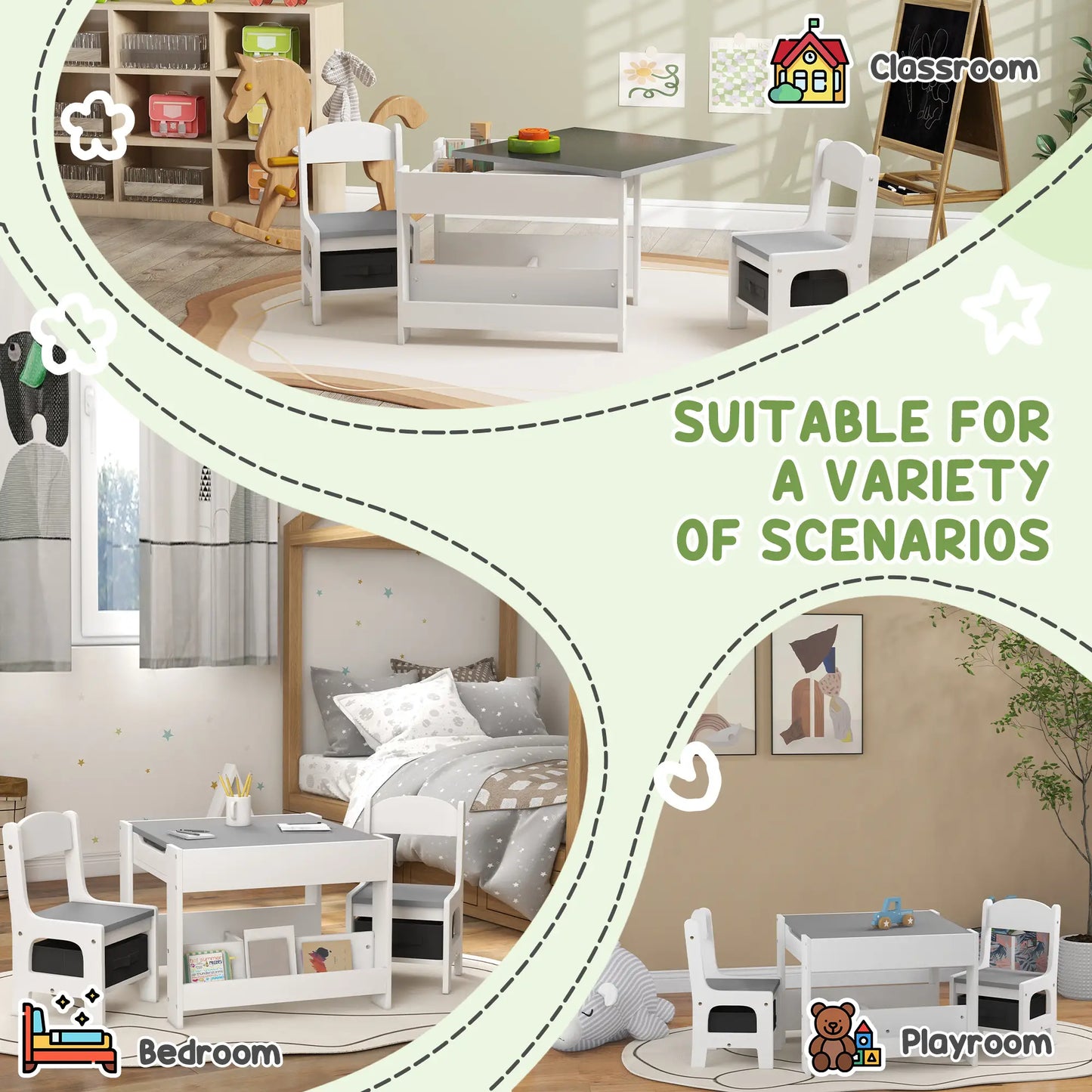 3 Piece Kids Table and Chair Set, Reversible Tabletop, Blackboard, Storage, Grey Kids Table Sets at Gallery Canada