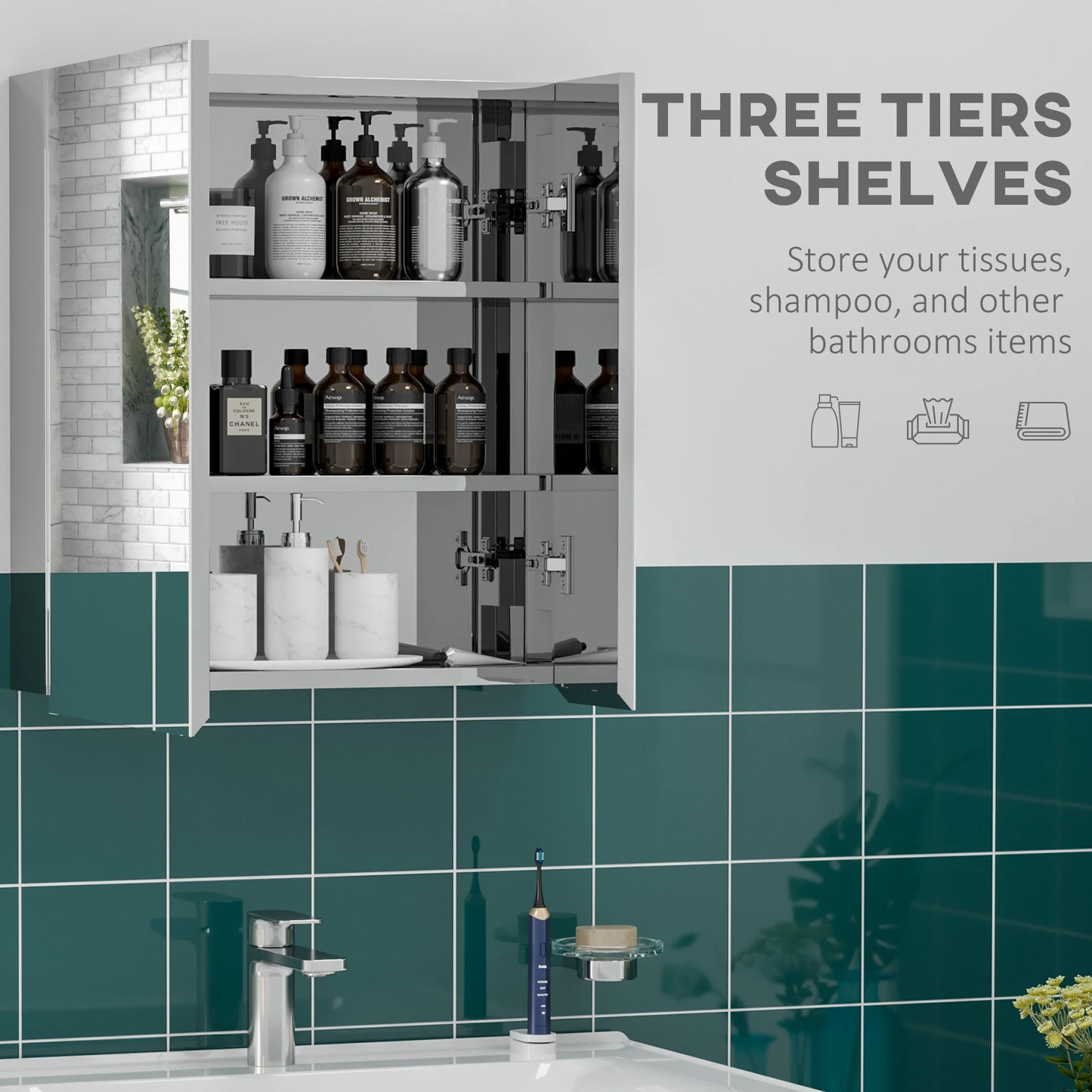 Wall Mounted Medicine Cabinet, Mirror, Hinged Doors, 3-Tier Shelves, Silver Mirror Medicine Cabinets at Gallery Canada