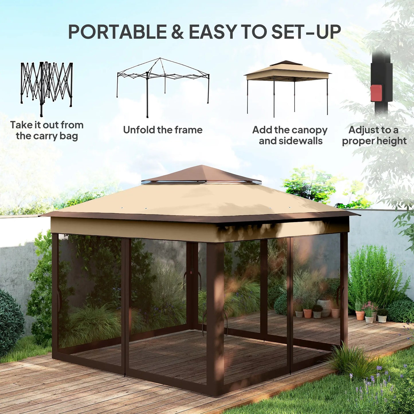 10.7 x 10.7ft Pop Up Gazebo, Adjustable Sun Shelter, UV30+ Roof, Removable Mesh Curtains, Beige Pop Up Canopies at Gallery Canada