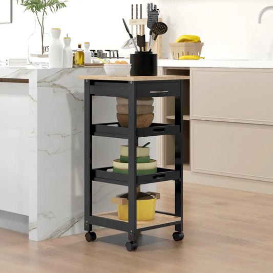 Kitchen Island Rolling Trolley, Utility Serving Cart with Drawer, Black Kitchen Islands & Kitchen Carts Black, Oak Veneered Top at Gallery Canada