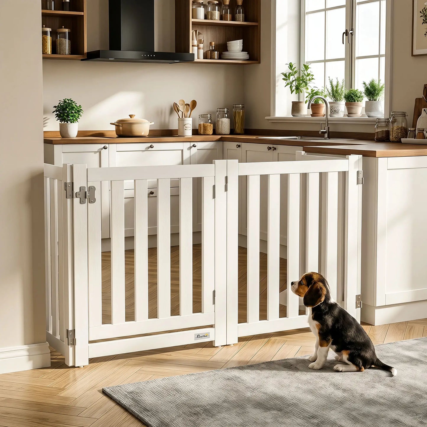 23.5"H Foldable Dog Gate with Door, 4 Panels, White Houses, Kennels & Pens at Gallery Canada
