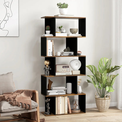 5 Tier Geometric S Shaped Bookcase, Tall Narrow Display Shelf, Rustic Brown Display Bookshelves at Gallery Canada